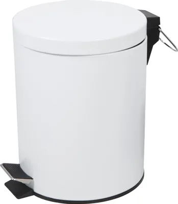 A white pedal trash can with a black pedal and handle.