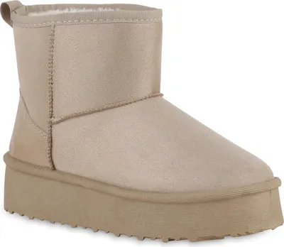 A single beige winter boot with a platform sole is shown against a white background.