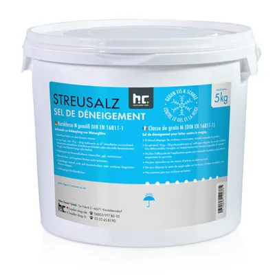A white plastic bucket of de-icing salt.