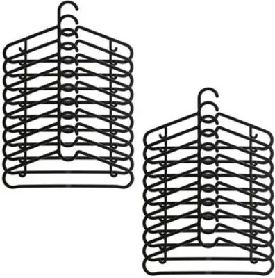 Two stacks of black clothes hangers.