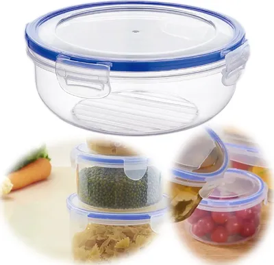 A collage of round, clear plastic food storage containers with blue lids, some filled with food items like pasta, beans, and tomatoes, and one large container shown from the top.