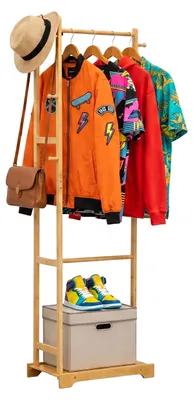 Produktbild von Relaxdays Kleiderständer, Bambus, 5 Haken, Kleiderstange, HxBxT: 169 x 48 x 31 cm, Flur, Garderobenständer, natur