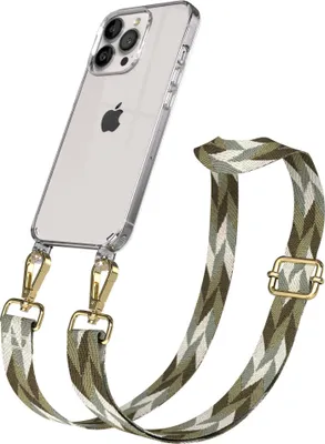 Produktbild von EAZY CASE Handykette - Verstellbarer Trageriemen kompatibel mit Apple iPhone 13 Pro, Handykordel mit transparenter Silikon-Hülle, Karabiner Gold, Mix Style, Band in Grün