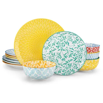 Image de Vancasso Service de table, service combiné en porcelaine 12 pièces, avec assiettes plates, assiettes à dessert, bols pour 4 personnes, Multicolore
