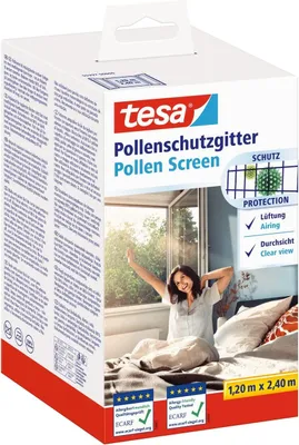 Produktbild von tesa Pollenschutzgitter - zuschneidbarer, transparenter Pollenschutz für Allergiker - für nach innen öffnende Fenster - inkl. selbstklebendem Klettband - Anthrazit - 120 cm x 240 cm