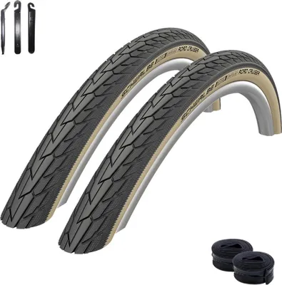 Produktbild von 2 x Schwalbe RoadCruiser K-Guard HS 484 Fahrradreifen schwarz/gumwall 32-630 (27 x1 1/4") + 2 Schwalbe AV17 Schläuche inkl. Reifenheber