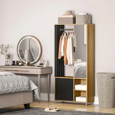 Produktbild von offene Ablagefächer, Kleiderschrank mit Spiegel und Hängestange, Spanplatte, Naturholz Schwarz | 22 kg | 80 x 30 x 175 cm