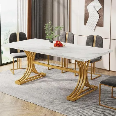 Zdjęcie produktu dla Nowoczesny stół jadalny o wymiarach 160 x 80 cm, przeznaczony dla 4-6 osób. Stół kuchenny z blatem wykonanym z kompozytu przypominającego marmur, solidna metalowa konstrukcja, kolor biały i złoty