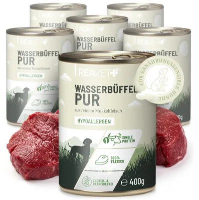 Produktbild von REAVET Hundenassfutter – Wasserbüffel PUR 6 x 400g I Reines Muskelfleisch, Hypoallergen, ohne Getreide & Zusätze, Hundenassfutter sensitiv für Allergiker