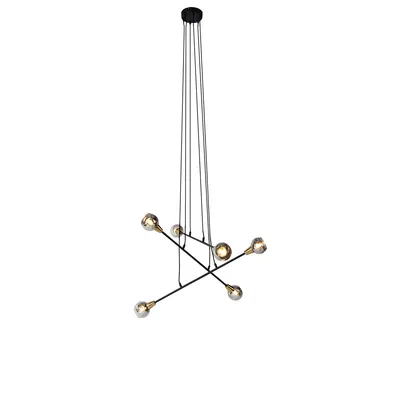 Produktbild von QAZQA - Modern Hängelampe I Pendellampe I Pendelleuchte schwarz mit Messing und Rauchglas 6 Lichter - Vidro I Wohnzimmer I Schlafzimmer - Stahl Rund - LED geeignet E14