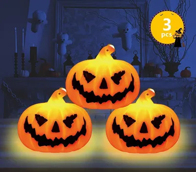 Produktbild von 3 Stück Halloween Kürbis Lichter, Herbstdeko Kürbis mit LED Licht, Halloween Deko Licht, Halloween Laterne Outdoor mit LED Kerze für Herbstdeko, Innen Außenlaterne Halloween Dekorationen