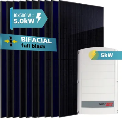 Produktbild von SUNNIVA® 5.0 kW Solaranlage, 10x 500 W Solarmodule Fullblack Bifacial, Wechselrichter SolarEdge SE5K (3-phasig)