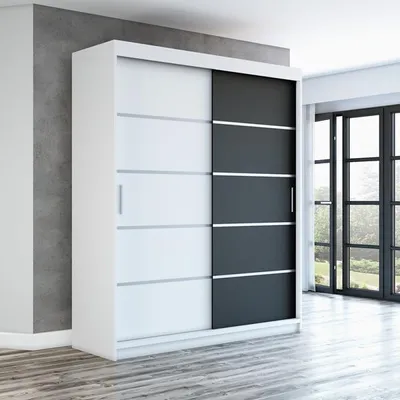 Produktbild von Schwebetürenschrank, 2-türig Schrank PARIS 180 cm (mit Spiegel) (Weiß / weiß / shwarz)