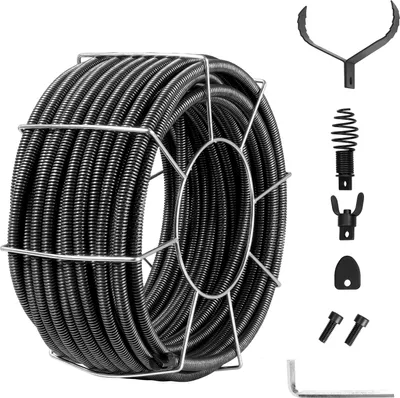 Image de Spirale de nettoyage de tuyaux VEVOR 30 m x 19 mm, spirale de nettoyage de tuyaux en acier et 4 couteaux pour tuyaux de 100 à 200 mm, spirale de nettoyage de tuyaux avec noyau interne pour évier, siphon de sol, toilettes