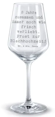 Produktbild von Mr. & Mrs. Panda Weinglas Spruch 8. Hochzeitstag Blechhochzeit - Transparent - Geschenk, Heirat, Heiraten, Rotweinglas mit Gravur, graviert, personalisierte Geschenke