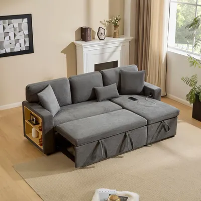 Image de OKWISH Canapé d’Angle Convertible avec Coffre et Rangement, Tissu Oxford, Gris Foncé - 214x131x85 cm