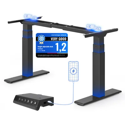 Produktbild von FLEXISPOT ValtreX E200 Höhenverstellbarer Schreibtisch 200 kg Tragkraft, 2 Motoren, USB-Anschluss, 4 Speicherfunktionen, 3‑stufiges Gestell (Schwarz)
