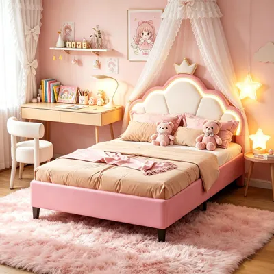 Produktbild von INONEFT Kinderbett 140x190 cm, Mädchen Bett mit LED, Prinzessin Bett aus Samt, Polsterbett mit höhenverstellbarem Kopfteil in Kronenform, Rosa