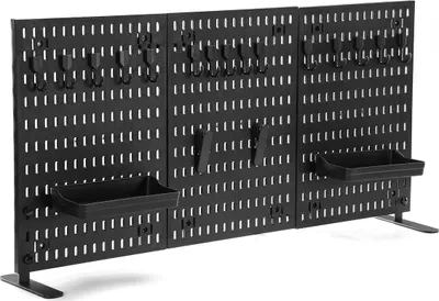 Obrázek produktu pro Přenosná nástěnka na nářadí Perforovaná nástěnná organizační sada, plast 90 × 42 cm, odolná proti vlhkosti, montáž bez použití nářadí, s háčky a policemi