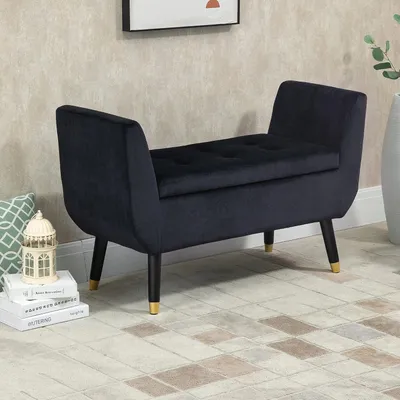 Produktbild von Sitzbank mit Stauraum, 107 x 42 x 65 cm, Schwarz | Polsterbank in Samtoptik mit Holzbeinen für Wohnzimmer, Schlafzimmer und Flur