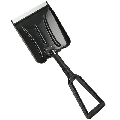 A black foldable snow shovel with a silver edge, shown against a white background.