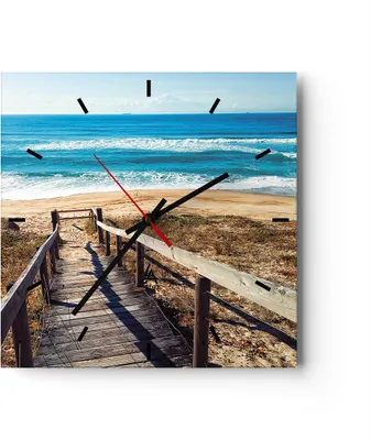 Produktbild von Wanduhr - Quadrat - Glasuhr - Meer Strand Eintritt - 40x40cm - Schleichendes Uhrwerk - Lautlos - zum Aufhängen bereit - Dekoration Modern - Wanddekoration aus Glas - C3AC40x40-4359
