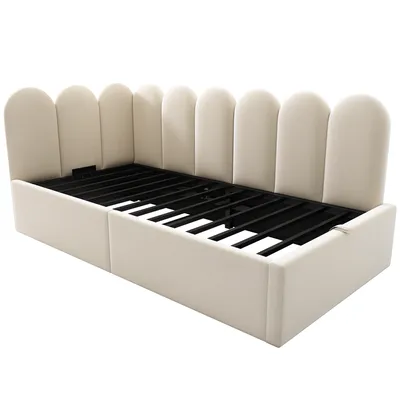 Produktbild von Flieks Hydraulisches Polsterbett Schlafsofa 90x190cm, Polsterbett Kinderbett Jugendbett mit Lattenrost, Tagesbett Daybed Sofabett, Samt, Beige