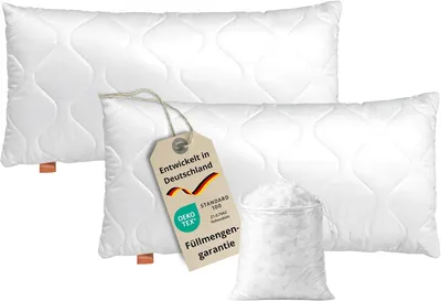 Produktbild von Kopfkissen 50x70 cm 2er Set, Allergiker Kissen, Komfort 100 | langes Schlafkissen 50 x 70, Bettkissen, Polster, Pillow, 2 Stück, Füllung: HCS-Faserkugeln, Waschbar, EU,