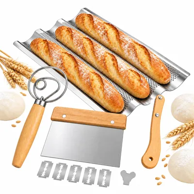 Obrázek produktu pro Forma na bagety včetně dánského metličky a pekařského nože - sada 3 forem na bagety - ideální jako forma na bagety, forma na pečení chleba
