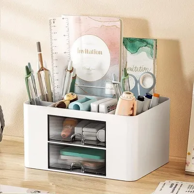 Obrázek produktu pro Kancelářský úložný prostor - Plastový organizér na stůl - Multifunkční držák na pera - Organizér na make-up se 2 zásuvkami