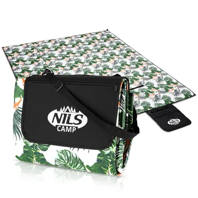 Produktbild von NILS CAMP Picknickdecke Outdoor - Faltbar Picknickmatte - Wasserdichte und Sanddichte Unterseite - 200 x 220 cm - Grün mit Flamingo