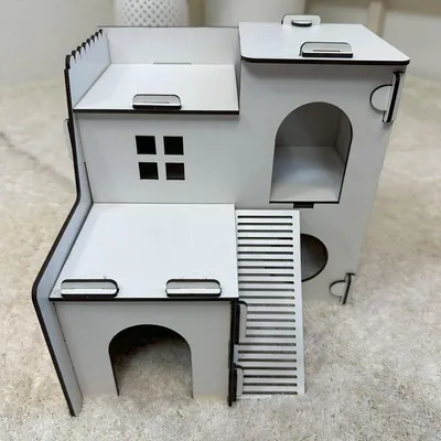 Produktbild von Jungengel Hamsterhaus Weiß 2-stöckig mit Rampe & Höhlen | Stecksystem Nagerhaus für Hamster, Zwerghamster, Mäuse | Holz Käfig Zubehör 23×21×21 cm