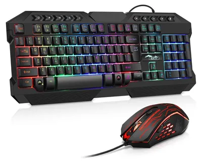 Produktbild von Gaming Tastatur und Maus Set, LED Hintergrundbeleuchtung QWERTZ DE Layout, Regenbogen Farben Beleuchtete USB Wasserdicht Tastatur und Maus mit 3600 DP