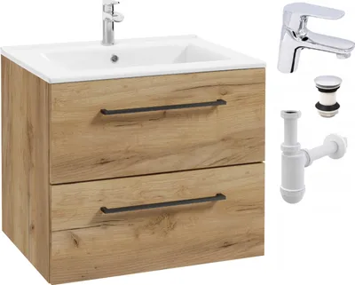 Produktbild von Stamar Badezimmerschrank mit Waschbecken 50 Eiche Gold SoftClose Hängend Armatur Chrom