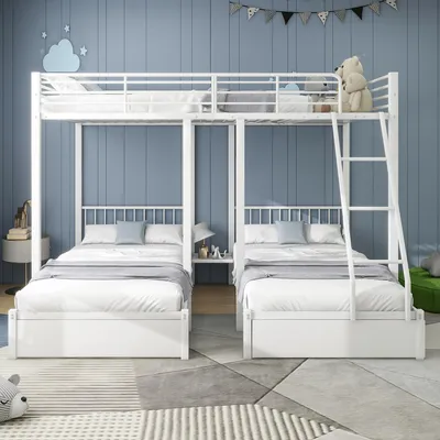 Immagine prodotto di MODFU Letto a castello 90x200 cm e 140x200 cm - Letto a tre piazze con scaletta di sicurezza e contenitore, struttura in metallo, senza materasso - Bianco