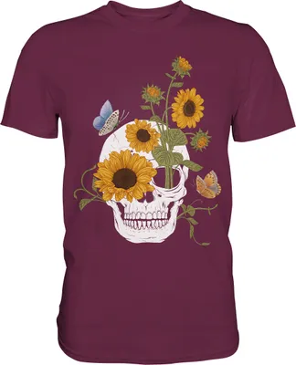 Produktbild von Totenkopf Sonnenblumen Shirt Gärtner Schmetterling Garten Motiv – Burgundy / L