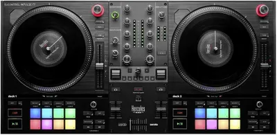 A top-down view of a DJ controller.