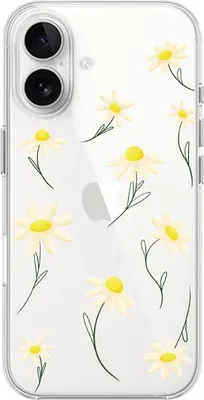 Produktbild von Flexible Hülle für das iPhone 16, TPU Silikon transparent, weiße Blumen, Gänseblümchen