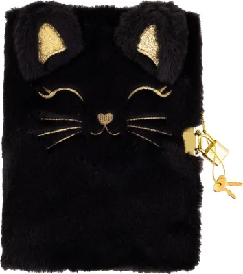 A black fluffy diary with cat ears and a lock and key.