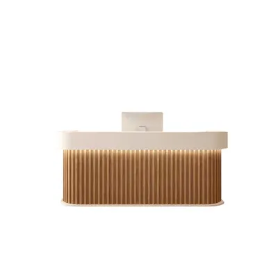 Produktbild von Empfangstheke & Bartheke mit Rundung, Vertikalstreifen-Design, für Salon, Hotel & Laden, Braun 150×60×100cm【Baise+yuanmuse150】