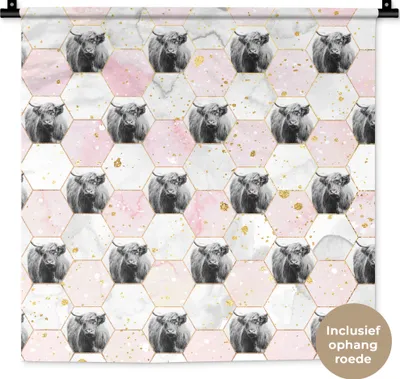 Produktbild von MuchoWow® Wandteppich Wandbehang Scottish Hochlandrind - Marmor - Schwarz - Weiß 60x60 cm Tapisserie Dekoration Wandtuch - Dekorationen - Wand Decke