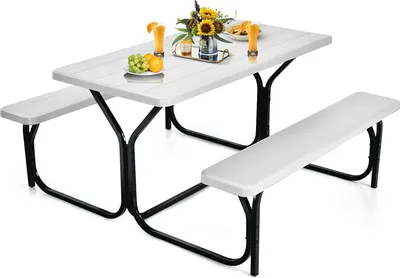 Image de COSTWAY Set de tente à bière, table de pique-nique & 2 bancs avec cadre métallique, Set de table de camping Set de tente pour terrasse, jardin, piscine, 137 x 150 x 72 cm (blanc)