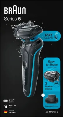 Zdjęcie produktu dla Braun Series 5 50-M1200S, Golarka foliowa, Czarny, Niebieski, EasyClean, LED, Bateria, Litowo-jonowa (Li-Ion)