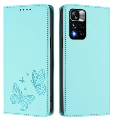 Obrázek produktu pro Kožené pouzdro pro Xiaomi Redmi Note 11 Pro+ 5G, motýlí ražbou, peněženkové flip pouzdro se stojánkem Mátově zelená