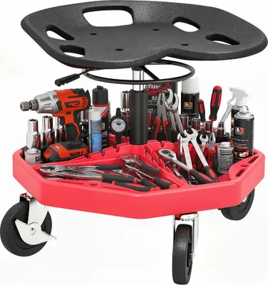 Image de Tabouret d'atelier - Tabouret de mécanicien à roulettes - Réglable en hauteur de 52 à 59,5 cm - Charge maximale 135 kg - Support magnétique - Roulettes - Plastique - Rouge