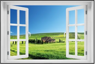 Produktbild von Wallario Wandbild mit Fenster-Illusion: Farm in der Toskana, Größe: 61 x 91,5 cm, Poster mit schwarzem Aluminiumrahmen
