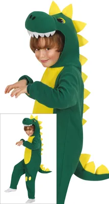 Immagine prodotto di Costume da dinosauro animale verde giallo tuta con cappuccio avventura di carnevale per bambini, taglia: 128/134 colore: verde