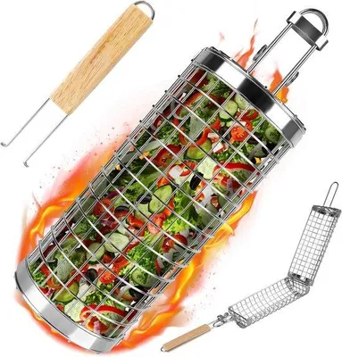 Produktbild von Grillmand aus Edelstahl für Gemüse, Garnelen, Fisch und Fleisch - Faltbar, 2er Set