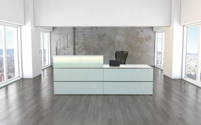 Produktbild von Kerkmann Design-Theke Theke Atlantis Glas niedriges Modul (B)2750x(T)820x(H)750mm ohne LED-Leuchtleiste-1 Seitenblende weiß/Glas 3399