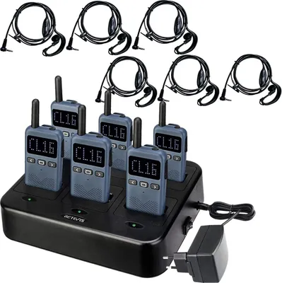 Image de Retevis RB619 Radios bidirectionnelles avec casque Radio avec chargeur 6 voies Appel longue distance 1650mAh VOX PMR446 Licence e pour école hôtel musée (pack de 6, bleu marine)